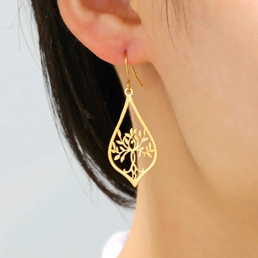 Boucles d'Oreilles Pendantes Ovales Arbre de Vie or