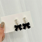 Boucles d'Oreilles Pendantes Perles et Noeuds noir