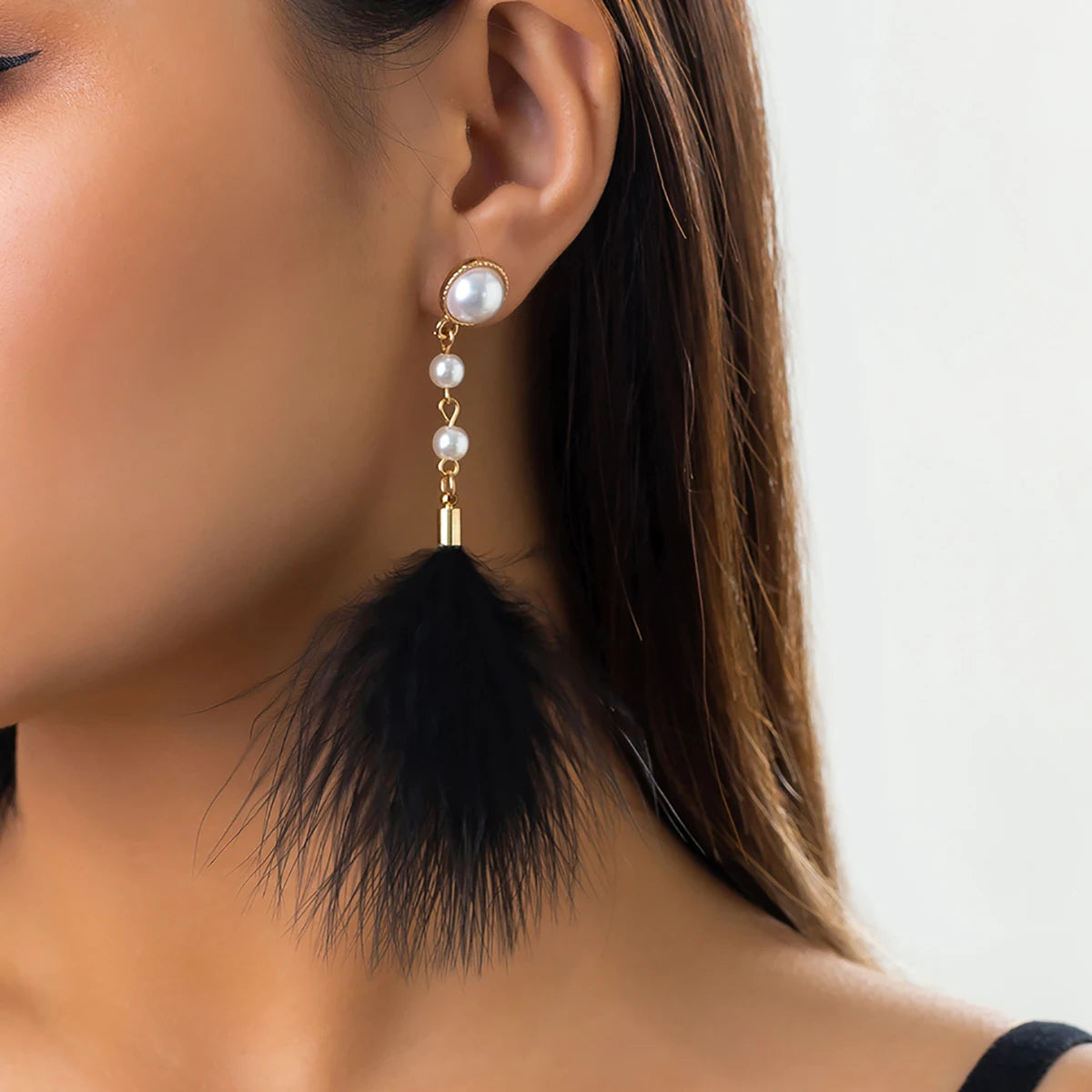 Boucles d'Oreilles Pendantes Perles et Plumes