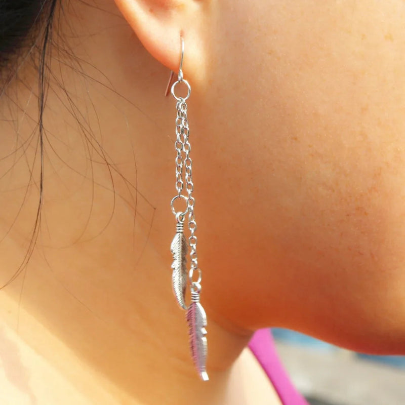 Boucles d'Oreilles Pendantes Plumes argent