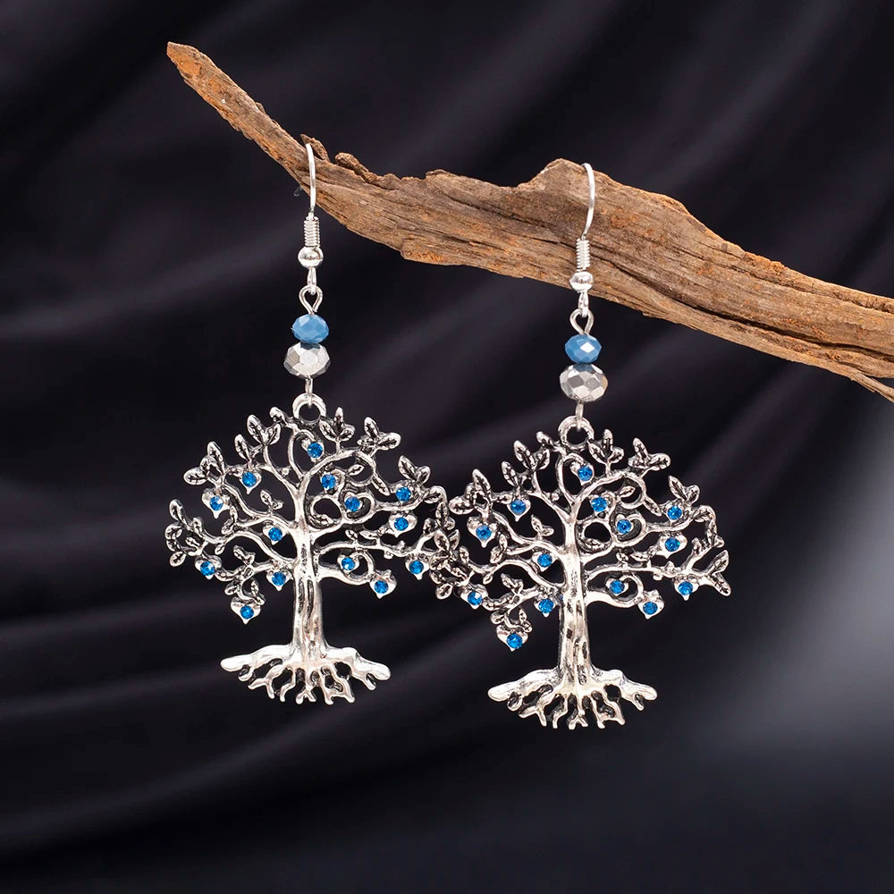 Boucles d'Oreilles Pendantes pour Femme Arbre de Vie bleu