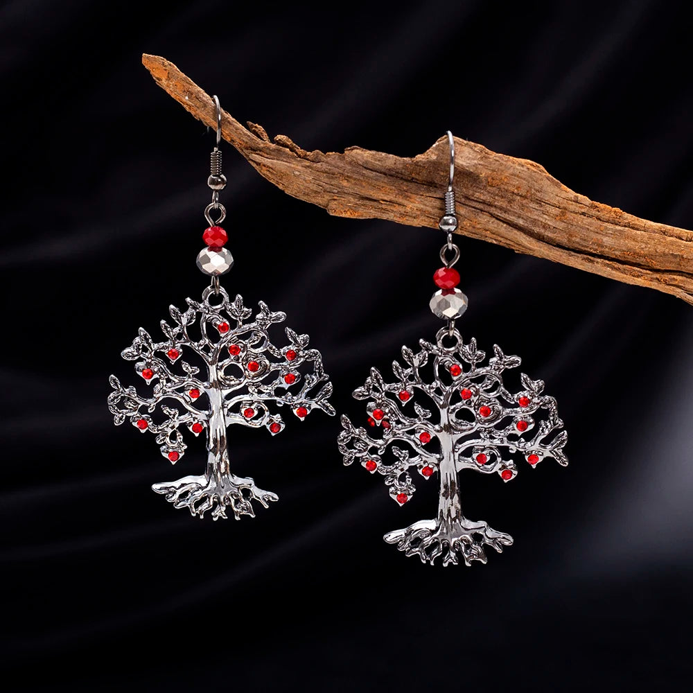 Boucles d'Oreilles Pendantes pour Femme Arbre de Vie rouge