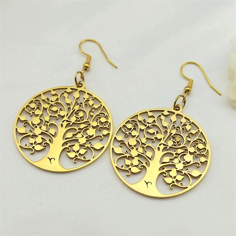 Boucles d'Oreilles Pendantes Rondes Arbre de vie or