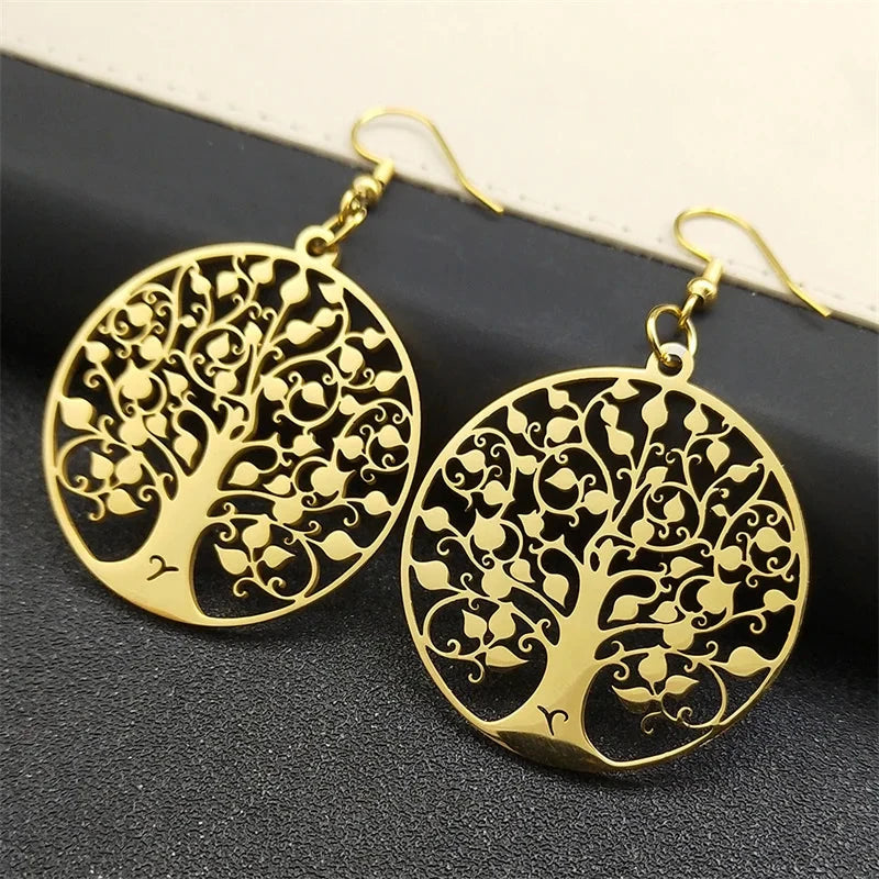 Boucles d'Oreilles Pendantes Rondes Arbre de vie or
