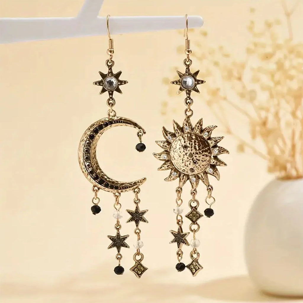Celestial sun and crescent moon drop earrings