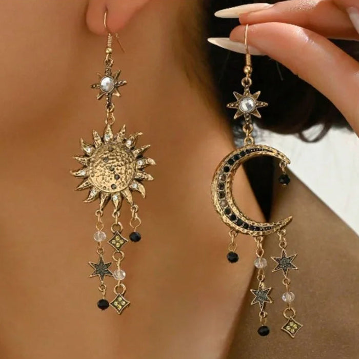 Celestial sun and crescent moon drop earrings