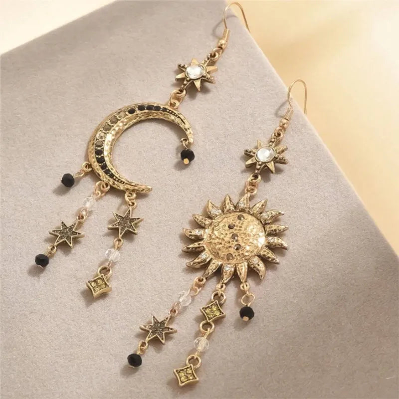 Celestial sun and crescent moon drop earrings