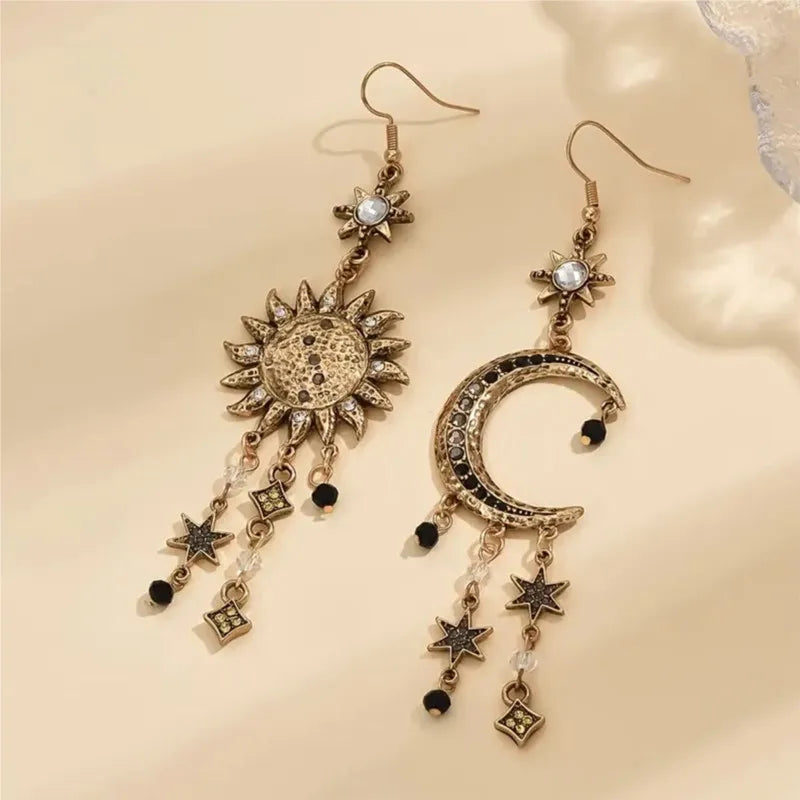 Celestial sun and crescent moon drop earrings