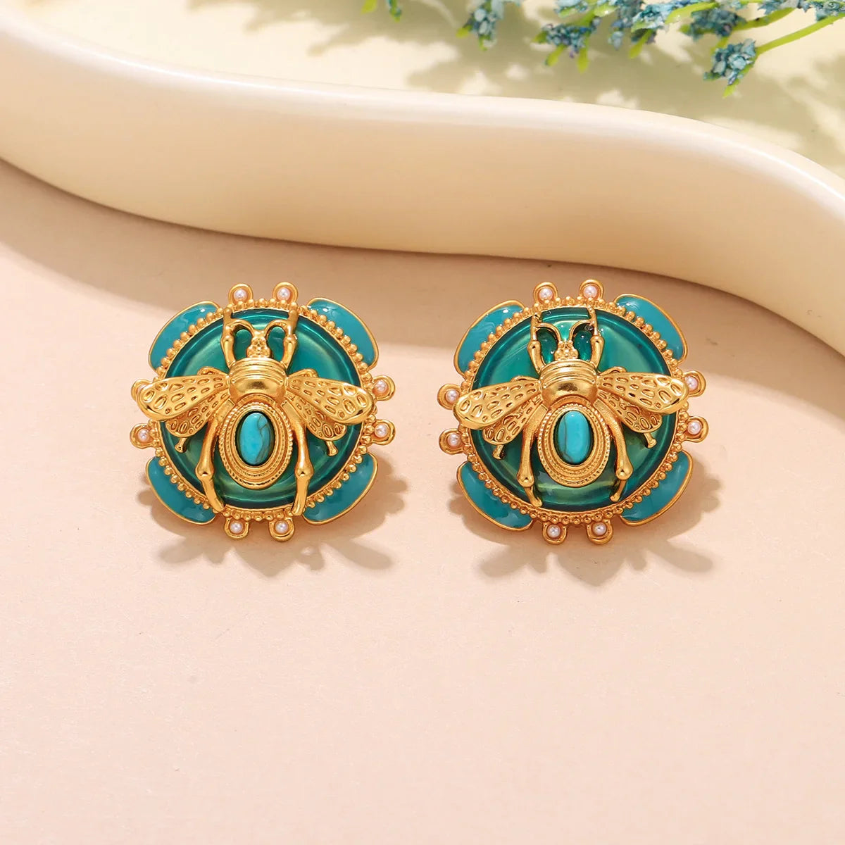 Boucles d'oreilles rondes abeille turquoise
