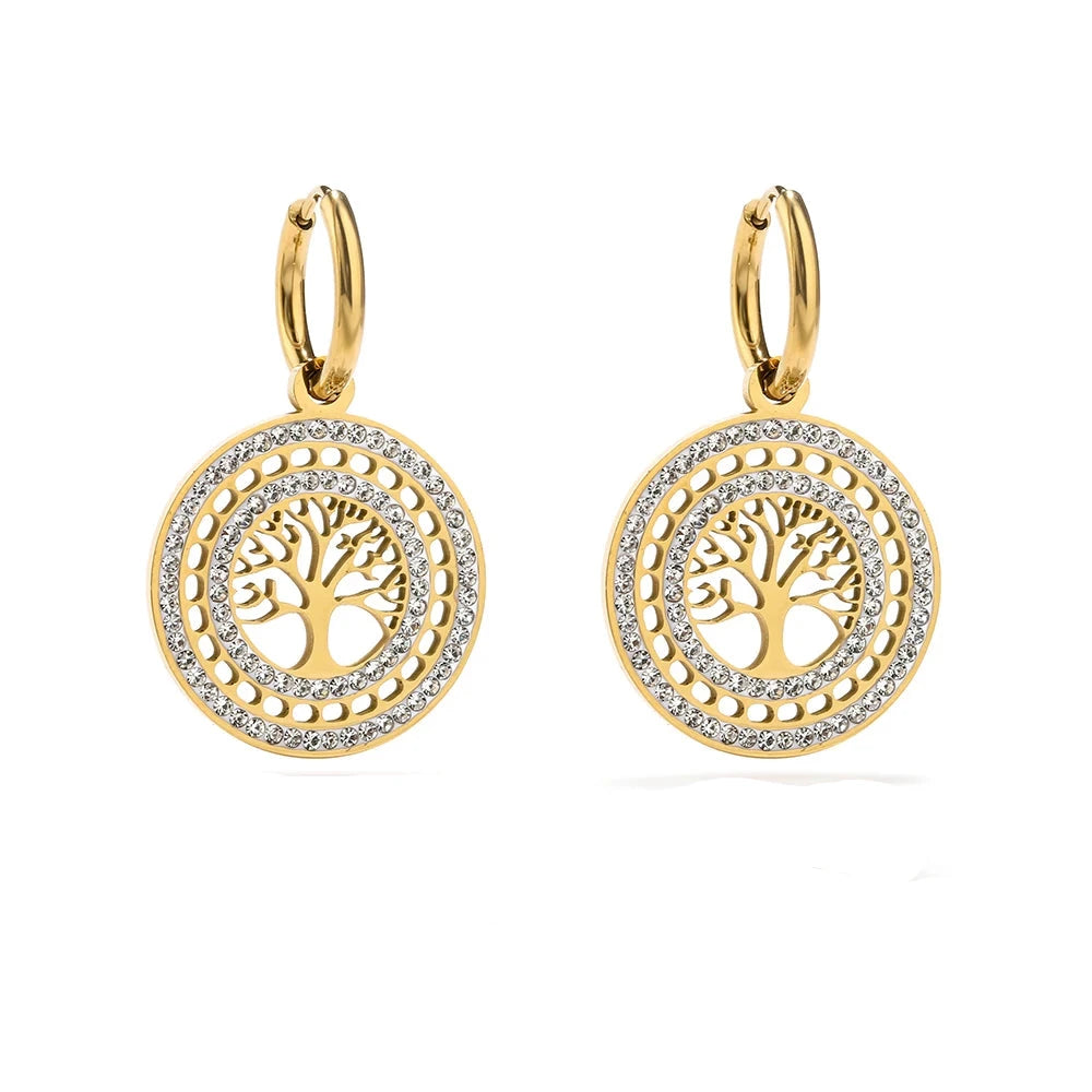 Boucles d'Oreilles Rondes Pendantes Arbre de Vie or