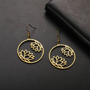 Boucles d'Oreilles Rondes Pendantes Fleur de Lotus or