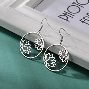 Boucles d'Oreilles Rondes Pendantes Fleur de Lotus argent