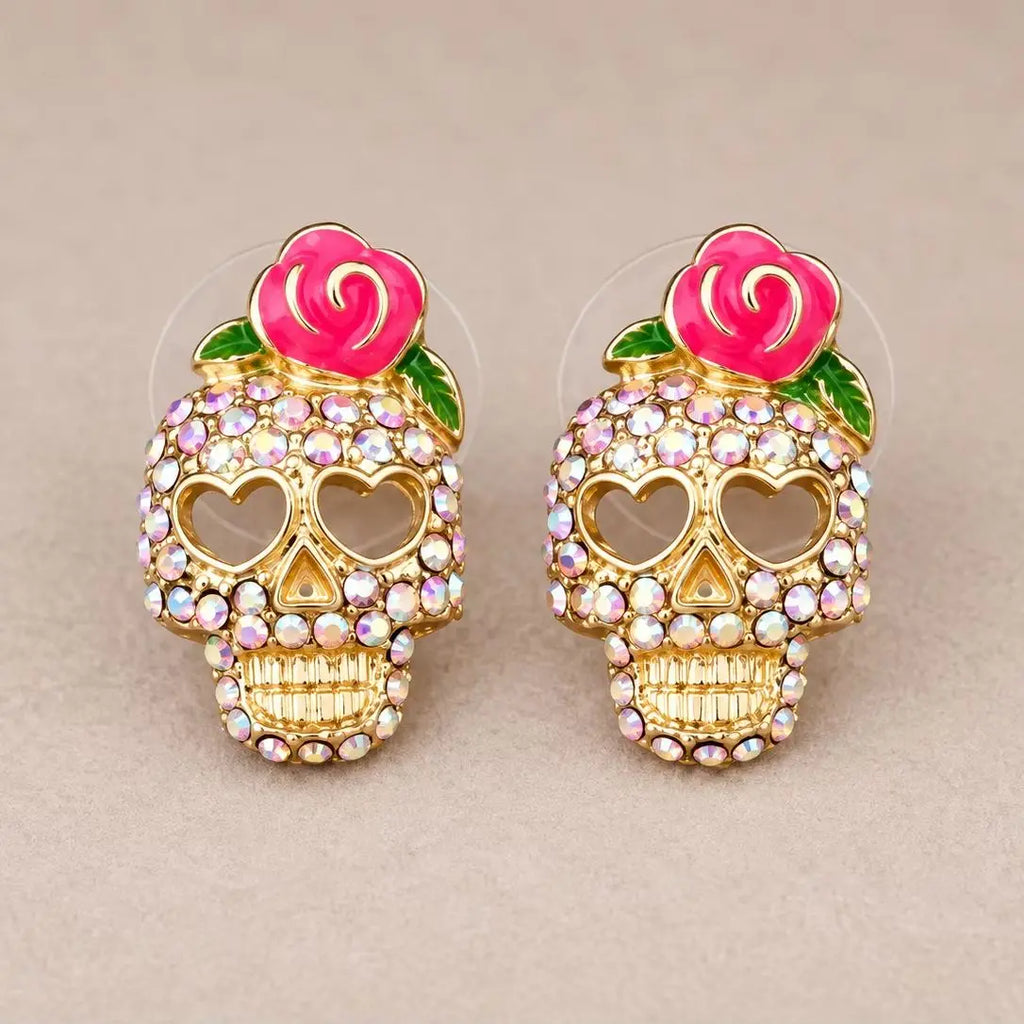 Totenkopf-Ohrringe Calavera mit Strass, Rose und herzförmigen Augen