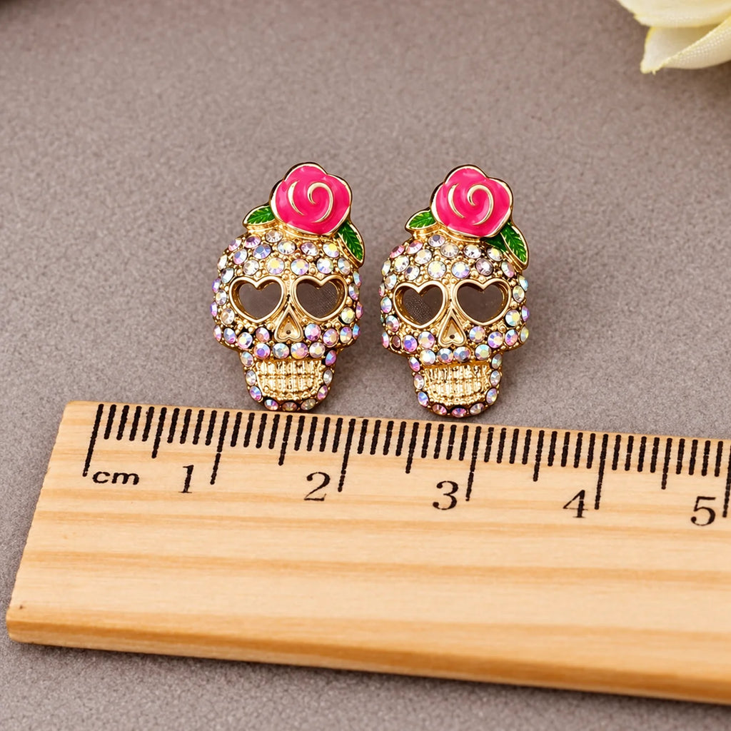 Totenkopf-Ohrringe Calavera mit Strass, Rose und herzförmigen Augen