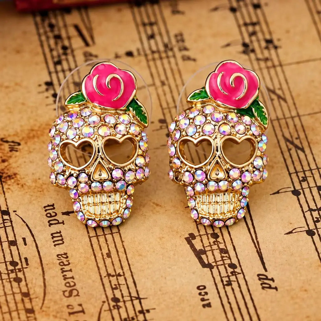 Totenkopf-Ohrringe Calavera mit Strass, Rose und herzförmigen Augen