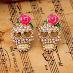 Totenkopf-Ohrringe Calavera mit Strass, Rose und herzförmigen Augen