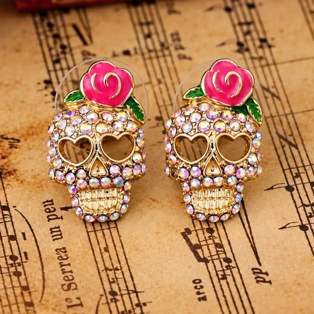Totenkopf-Ohrringe Calavera mit Strass, Rose und herzförmigen Augen