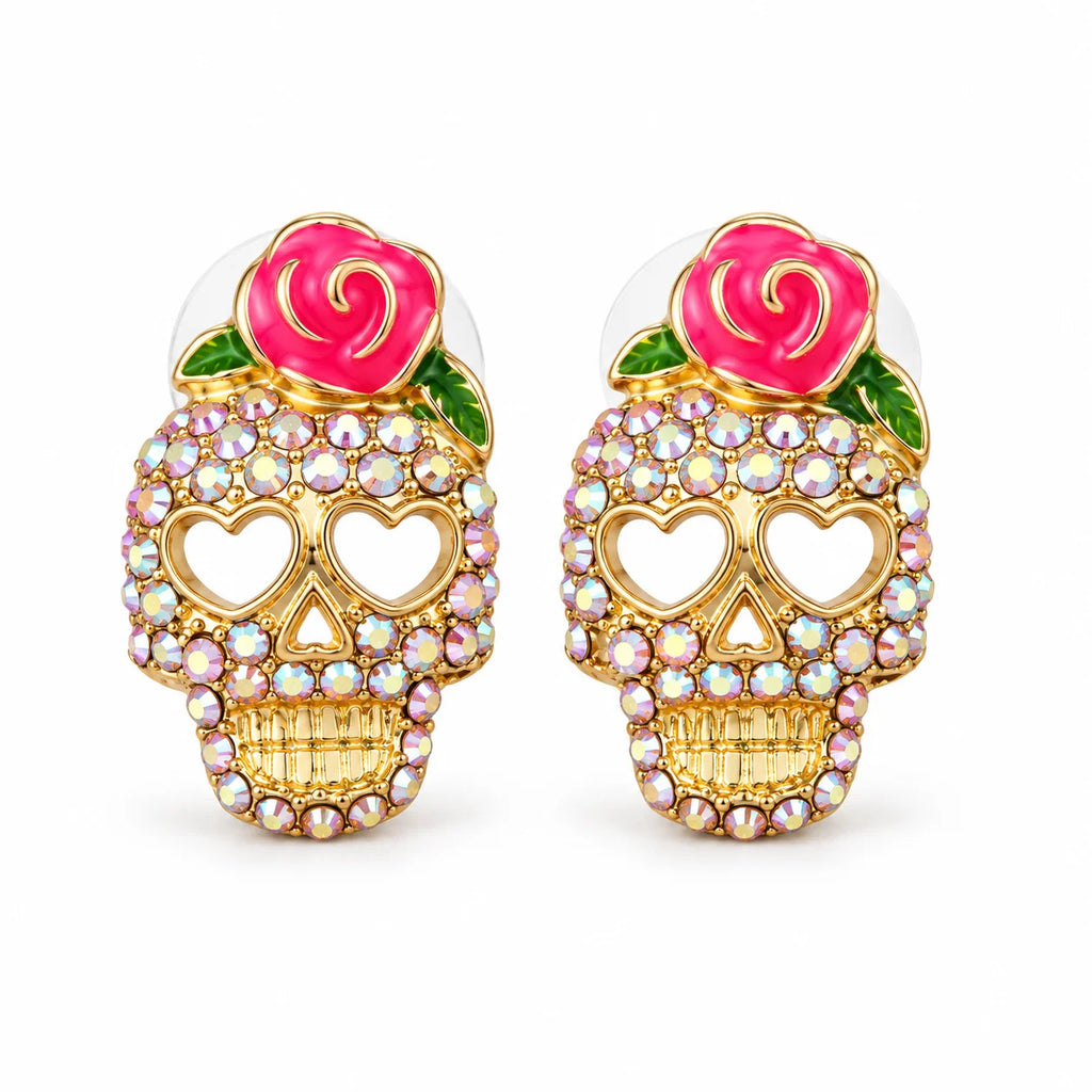 Totenkopf-Ohrringe Calavera mit Strass, Rose und herzförmigen Augen
