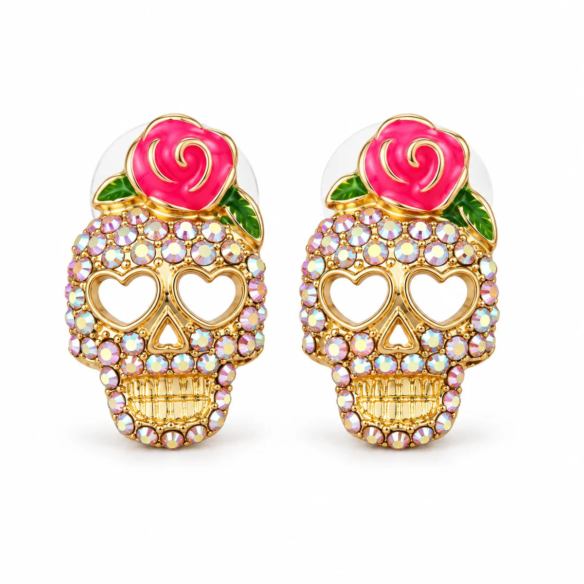 Totenkopf-Ohrringe Calavera mit Strass, Rose und herzförmigen Augen