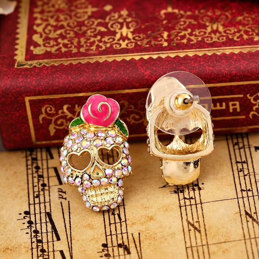 Totenkopf-Ohrringe Calavera mit Strass, Rose und herzförmigen Augen