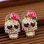 Totenkopf-Ohrringe Calavera mit Strass, Rose und herzförmigen Augen