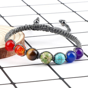 Bracelet 7 Chakras Tressé Gourmette Homme Femme Vraies Pierres gris