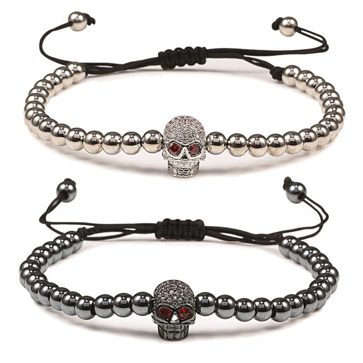 Perlen-Kordelarmband mit Totenkopf aus mystischen Strasssteinen in Silber
