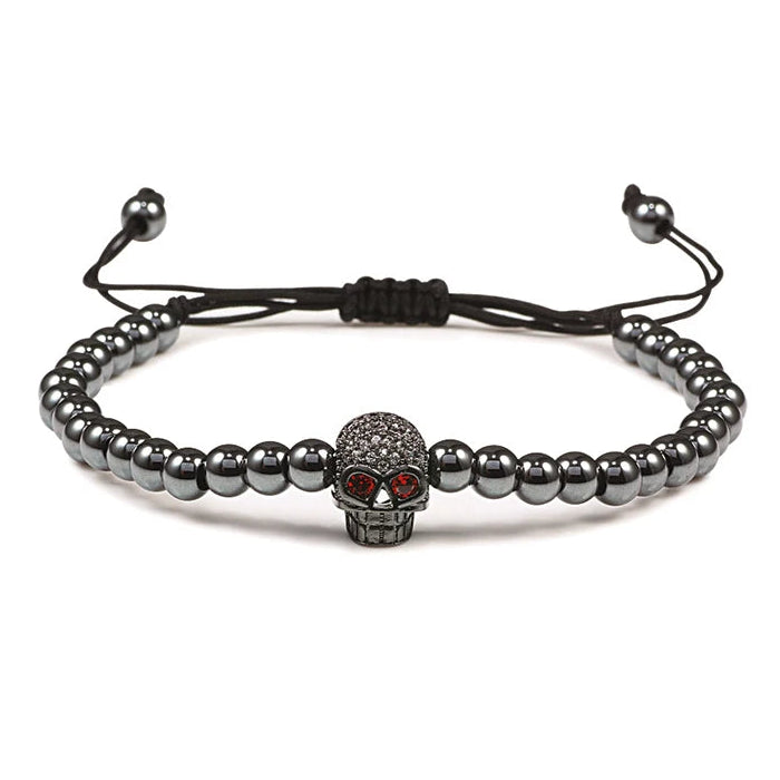 Pulseira de cordão com contas e caveira em strass místico preto
