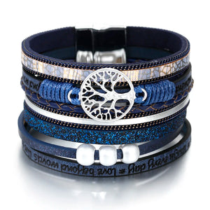 Bracelet Arbre de Vie Gourmette en Cuir bleu