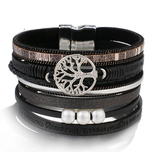 Bracelet Arbre de Vie Gourmette en Cuir noir