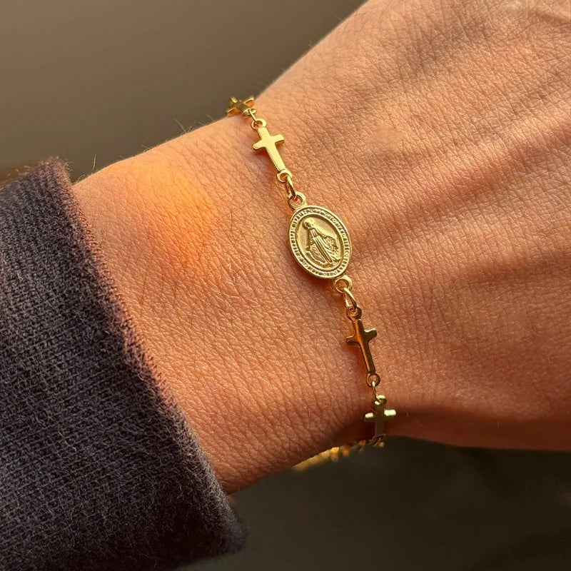 Bracelet avec médaille de la Vierge Marie et Croix or