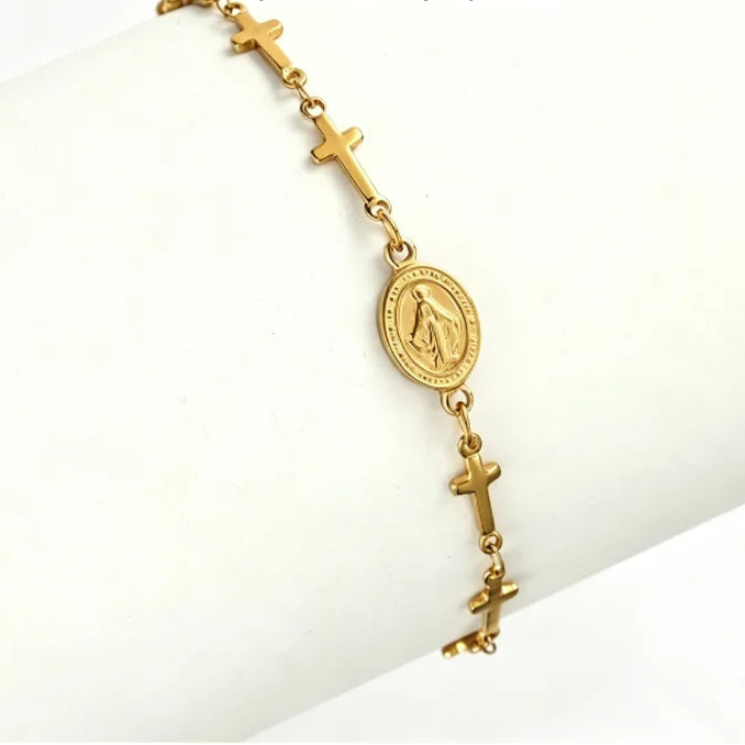 Bracelet avec médaille de la Vierge Marie et Croix  or