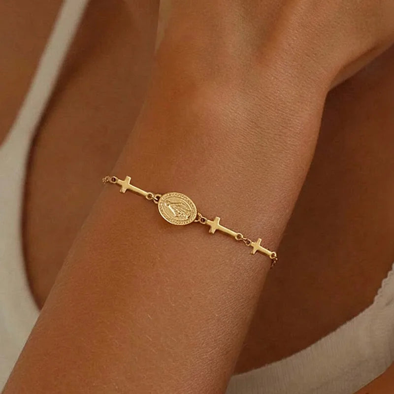 Bracelet avec médaille de la Vierge Marie et Croix  or
