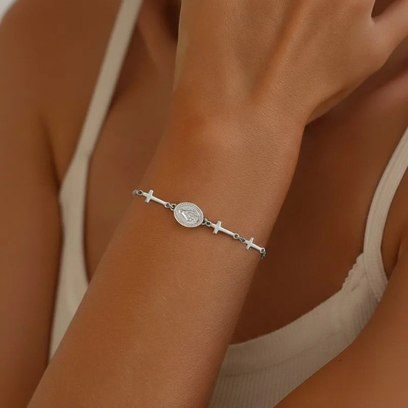 Bracelet avec médaille de la Vierge Marie et Croix argent