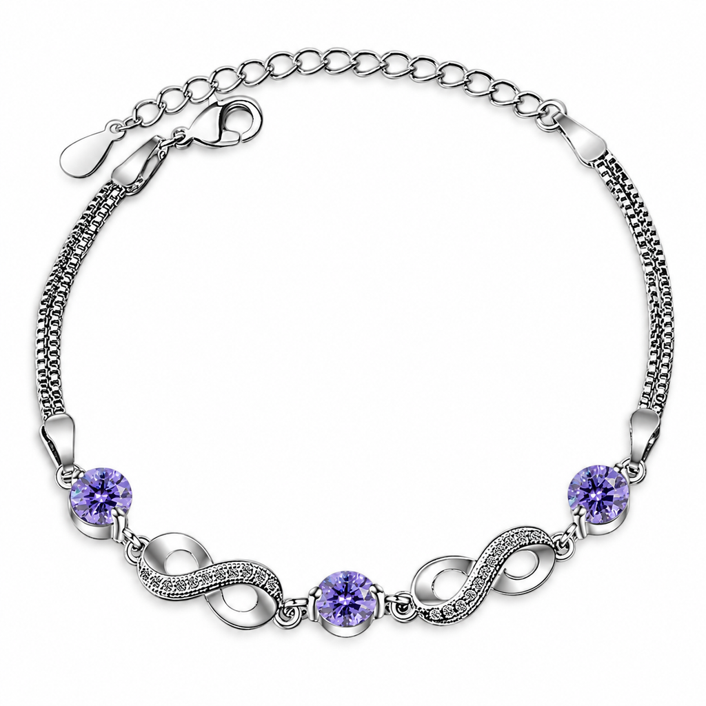 Bracelet avec perles violettes et symboles infinis ornés de cristaux 
