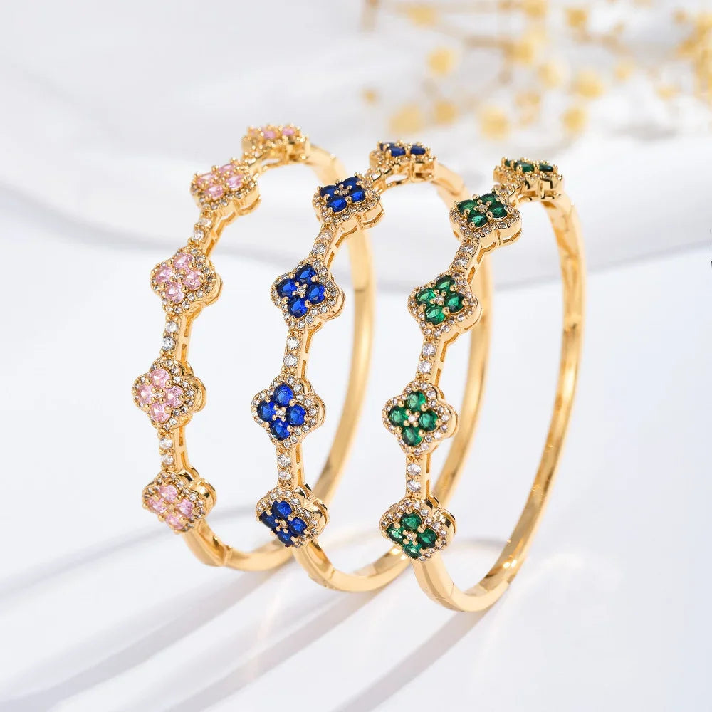 Bracelet avec Trèfles à 4 Feuilles en Zircon et Pierres bleu