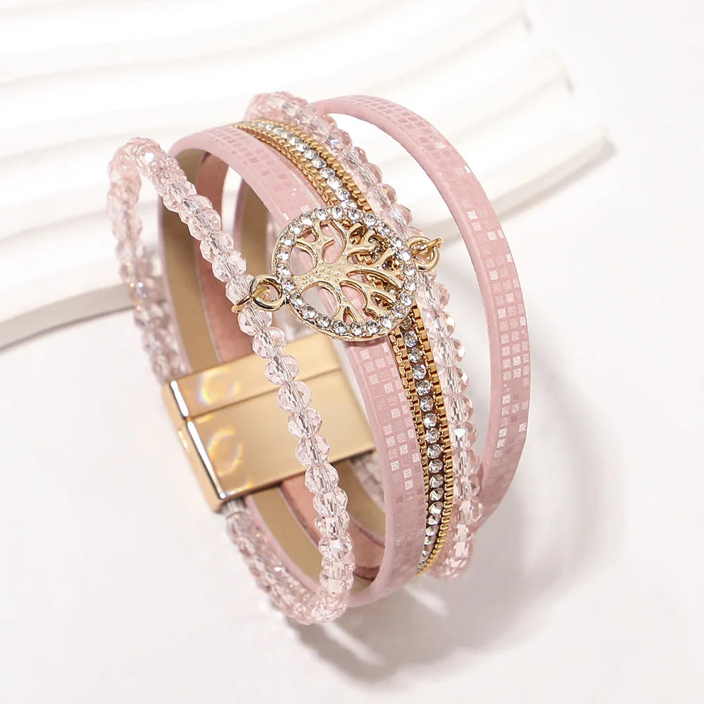 Boho multi-strand Tree of Life bracelet pink