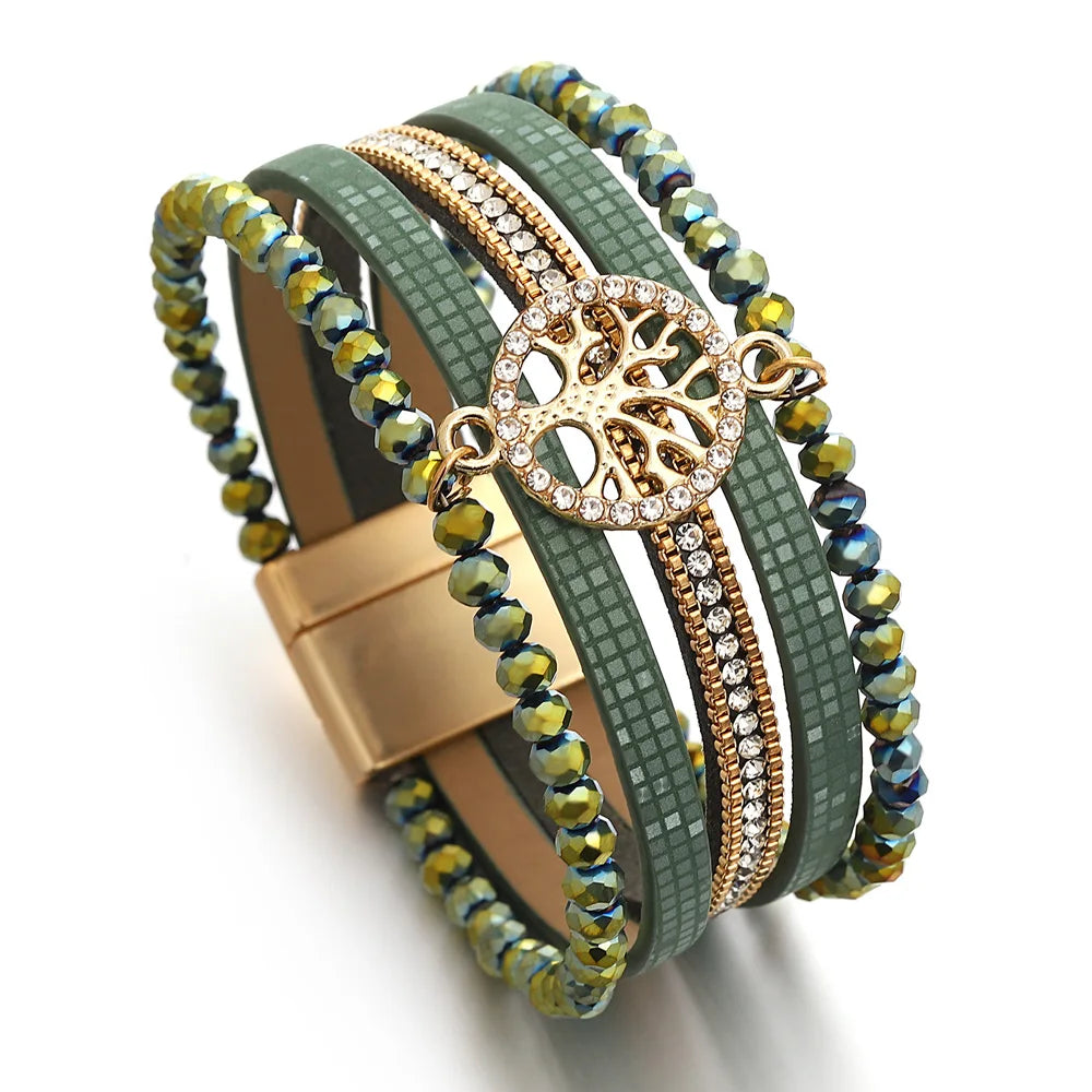 Boho multi-strand Tree of Life bracelet green
