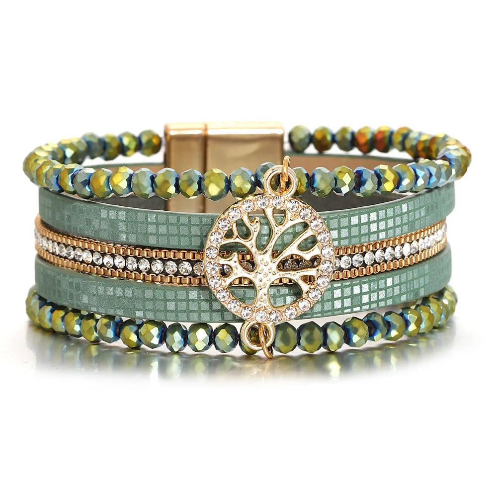 Boho multi-strand Tree of Life bracelet green