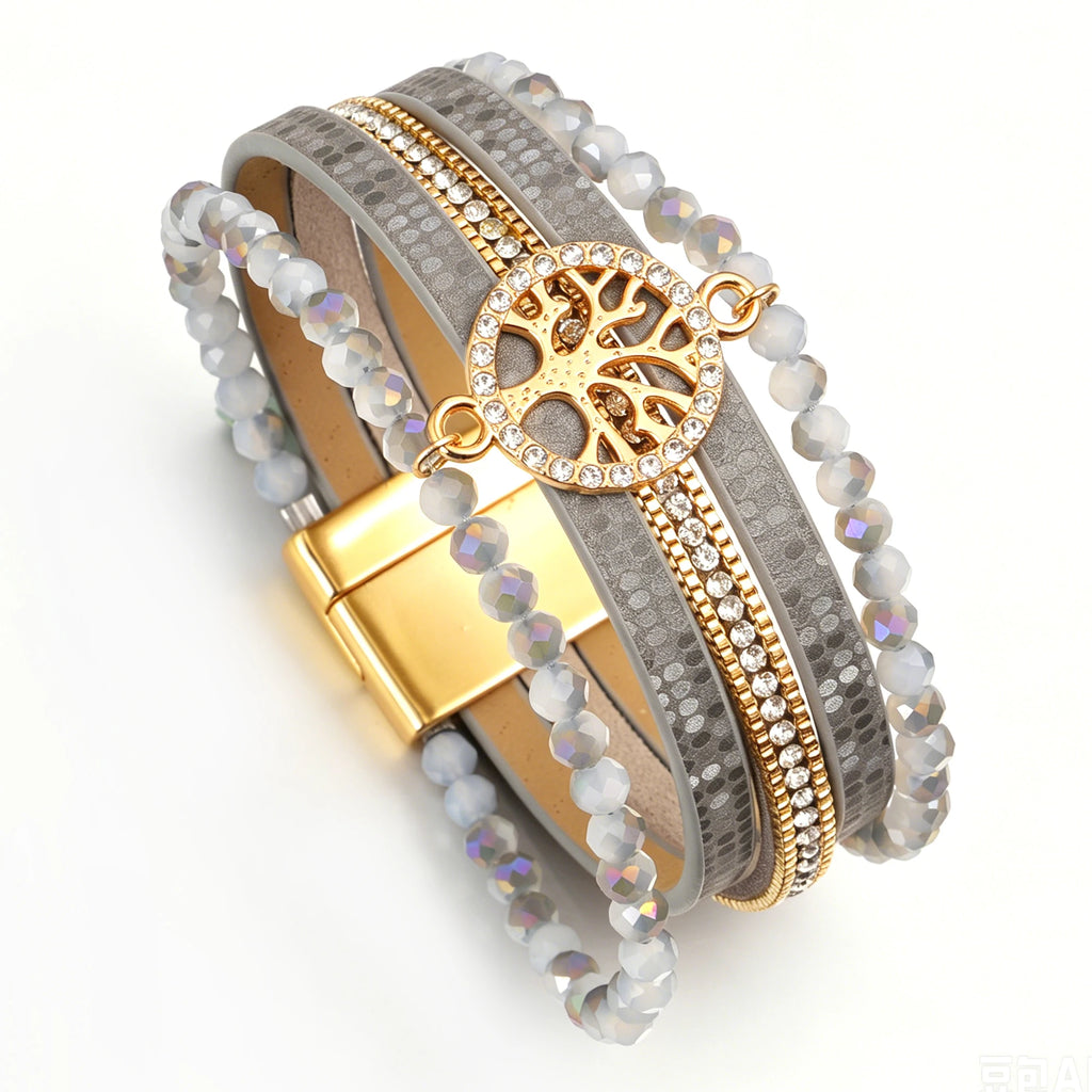 Boho multi-strand Tree of Life bracelet light gray