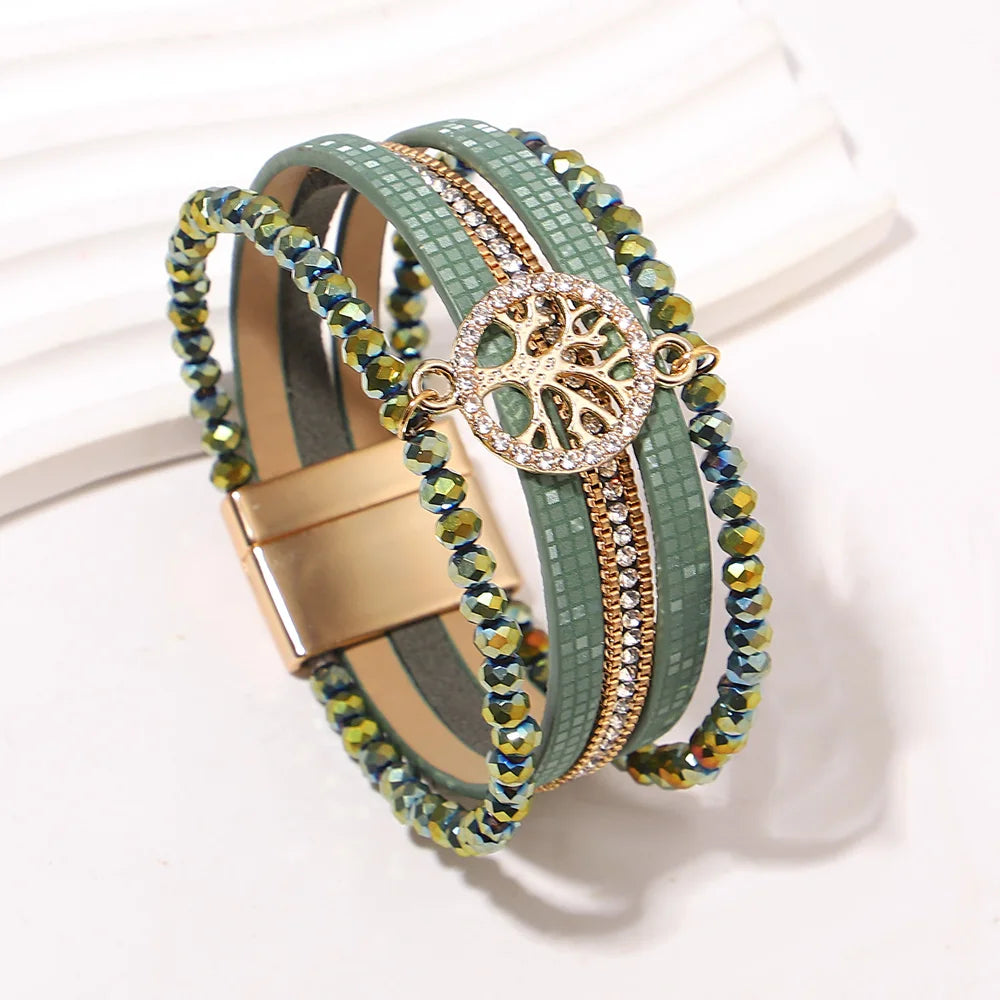 Boho multi-strand Tree of Life bracelet green
