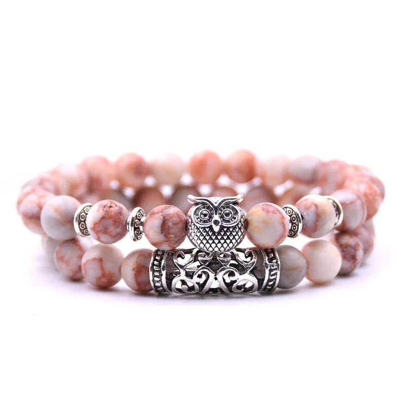 Bracelet Chouette - Gourmette Hiboux Perles rose