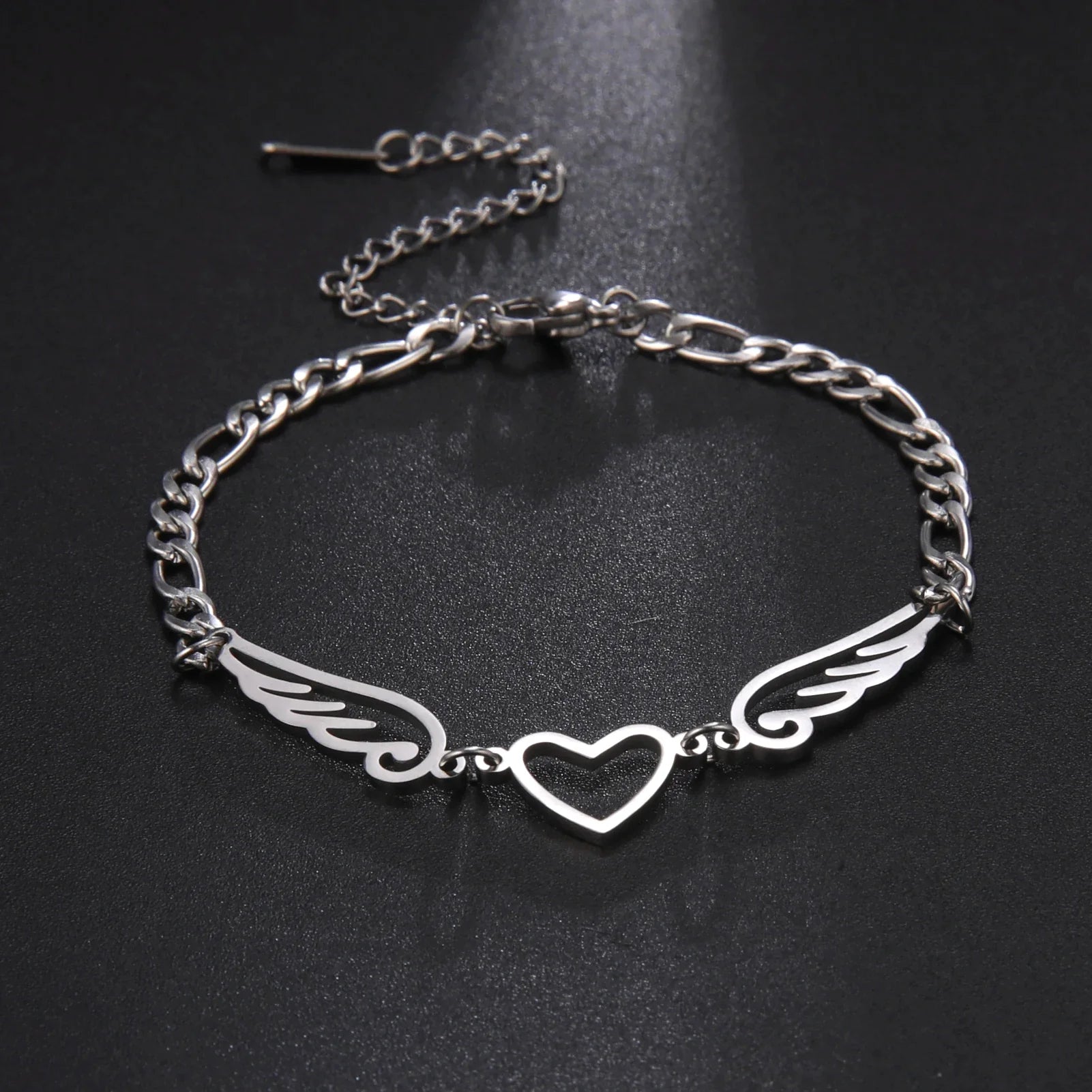 Silver heart and angel wings bracelet