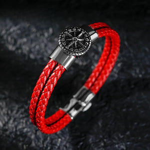 Bracelet Compas Homme Cuir Boussole Rose des Vents rouge