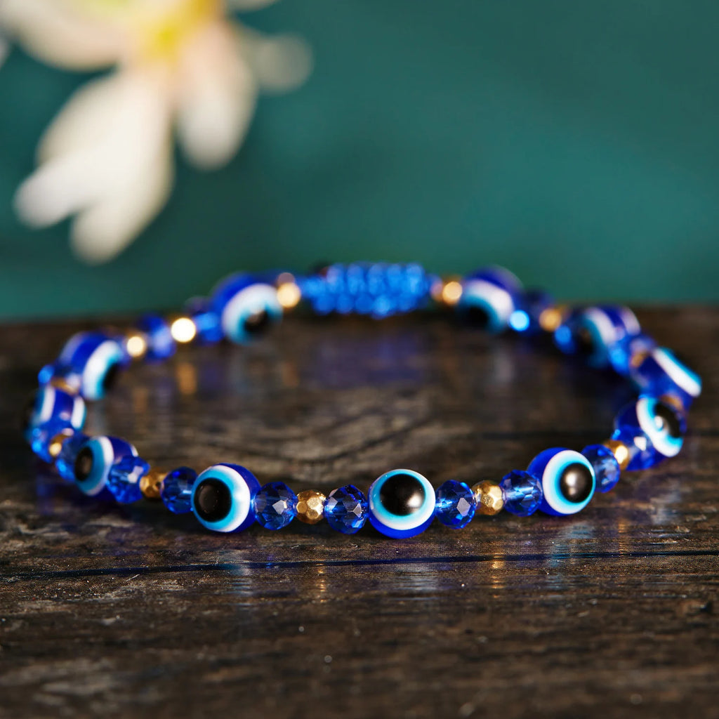 Pulseira de cordão com múltiplas contas olho azul protetor azul-escuro