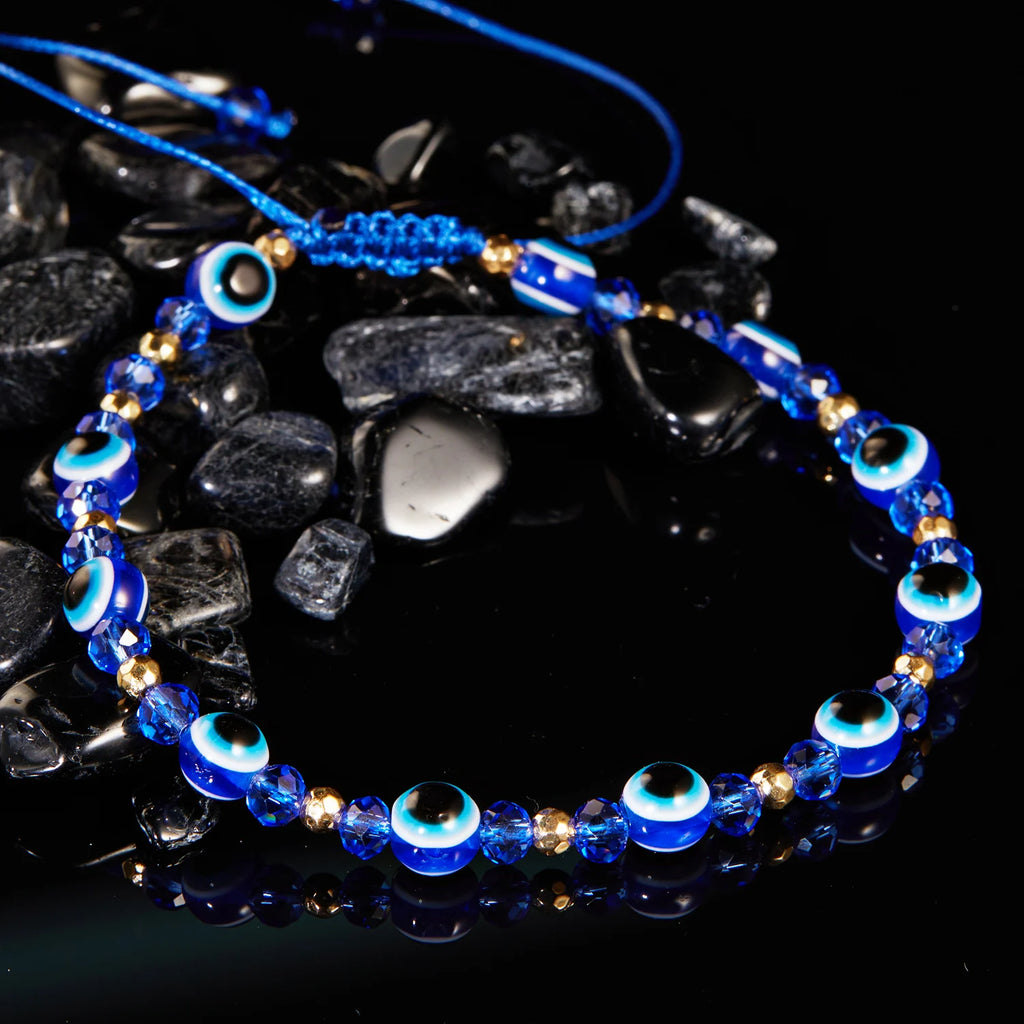 Pulseira de cordão com múltiplas contas olho azul protetor azul-escuro