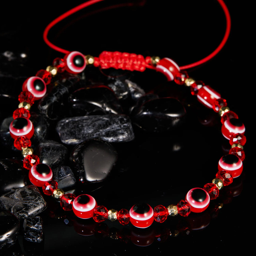 Pulseira de cordão com múltiplas contas olho azul protetor vermelha