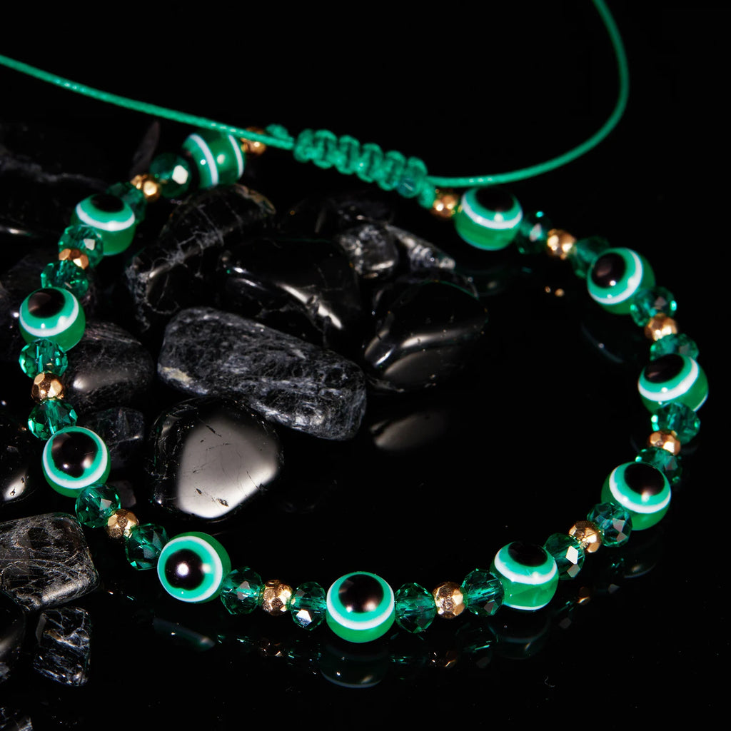 Pulseira de cordão com múltiplas contas olho azul protetor verde