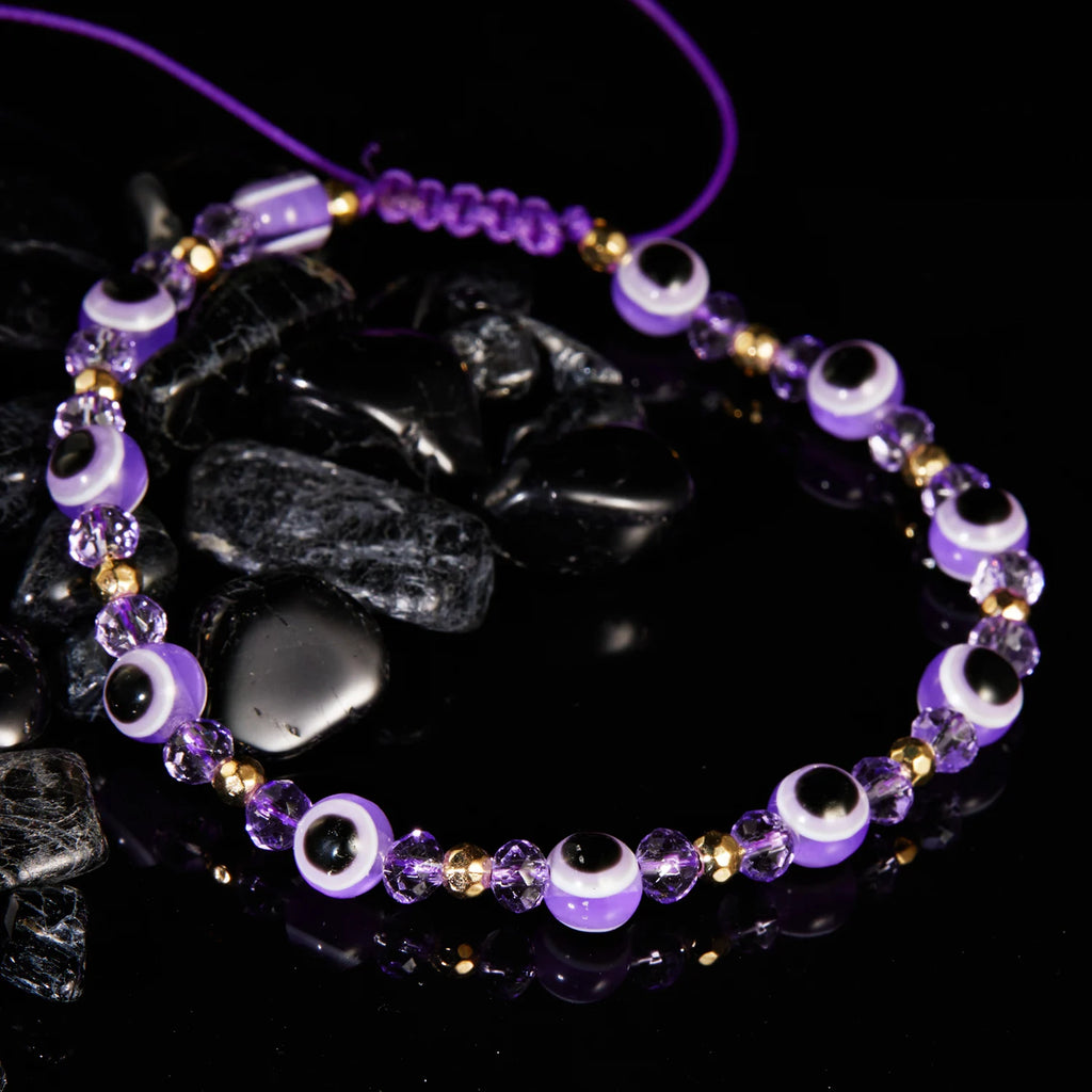 Pulseira de cordão com múltiplas contas olho azul protetor violeta