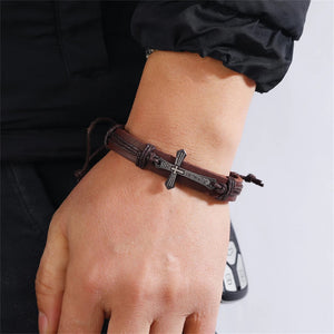 Bracelet Croix en Cuir Homme marron